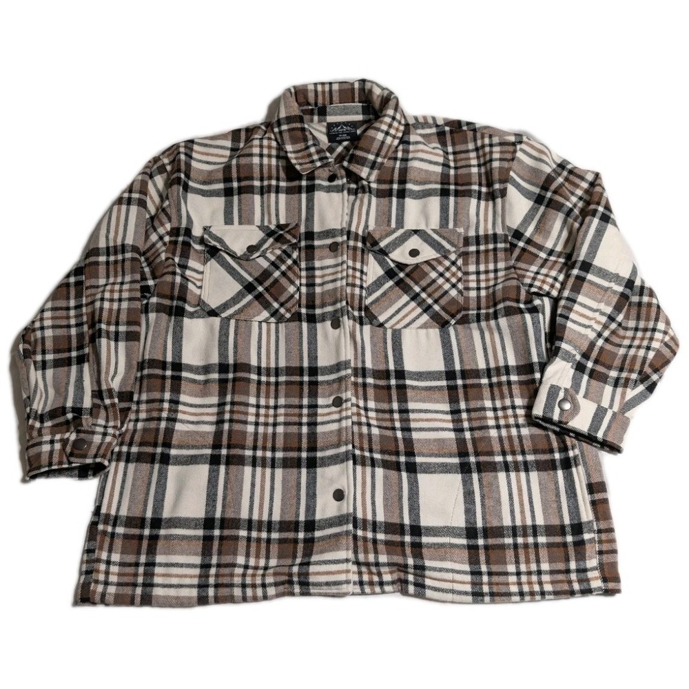 HFX Heavyweight Plaid Flannel Shirt Jacket Women's XL Brown Cream‎ Snap Front